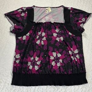 L8teR Black and Purple Floral Square Neck Blouse size 3x